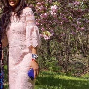 Lace pink off shoulder bell sleeve dress